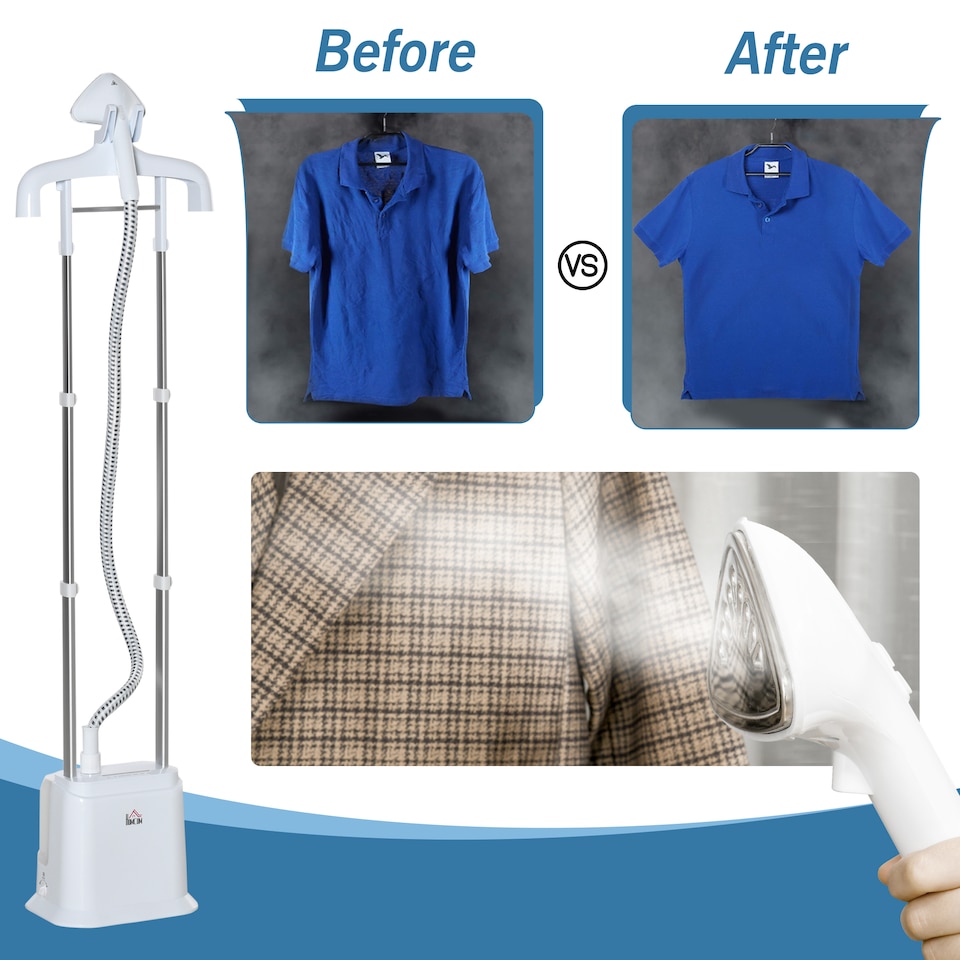 image 1 of HOMCOM Upright Garment Clothes Steamer with 6 Steam Setting, 45s Fast Heat-up, 1.7L Water Tank and 35gmin steam flow, Wrinkle and Odour Remover Suitable for all Fabrics, 1960W, White