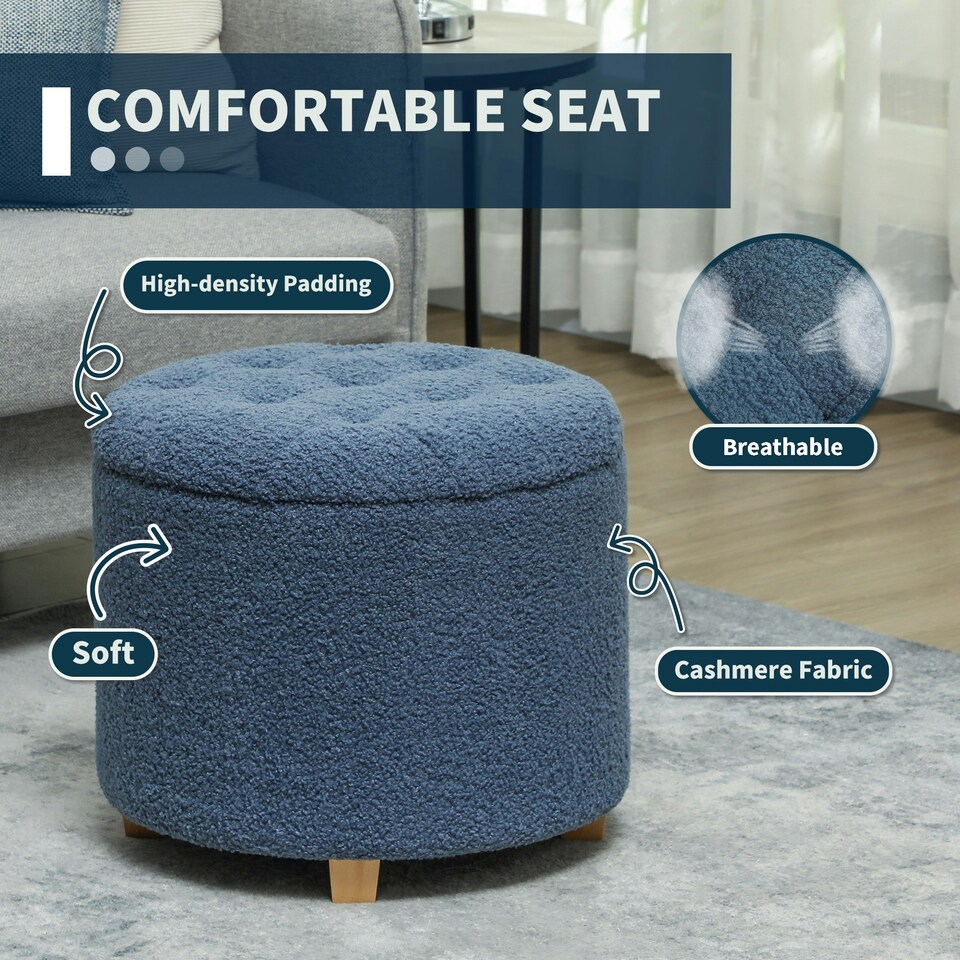 image 1 of HOMCOM 45cm Round Ottoman with Storage, Lid, Cashmere Footstool, Blue