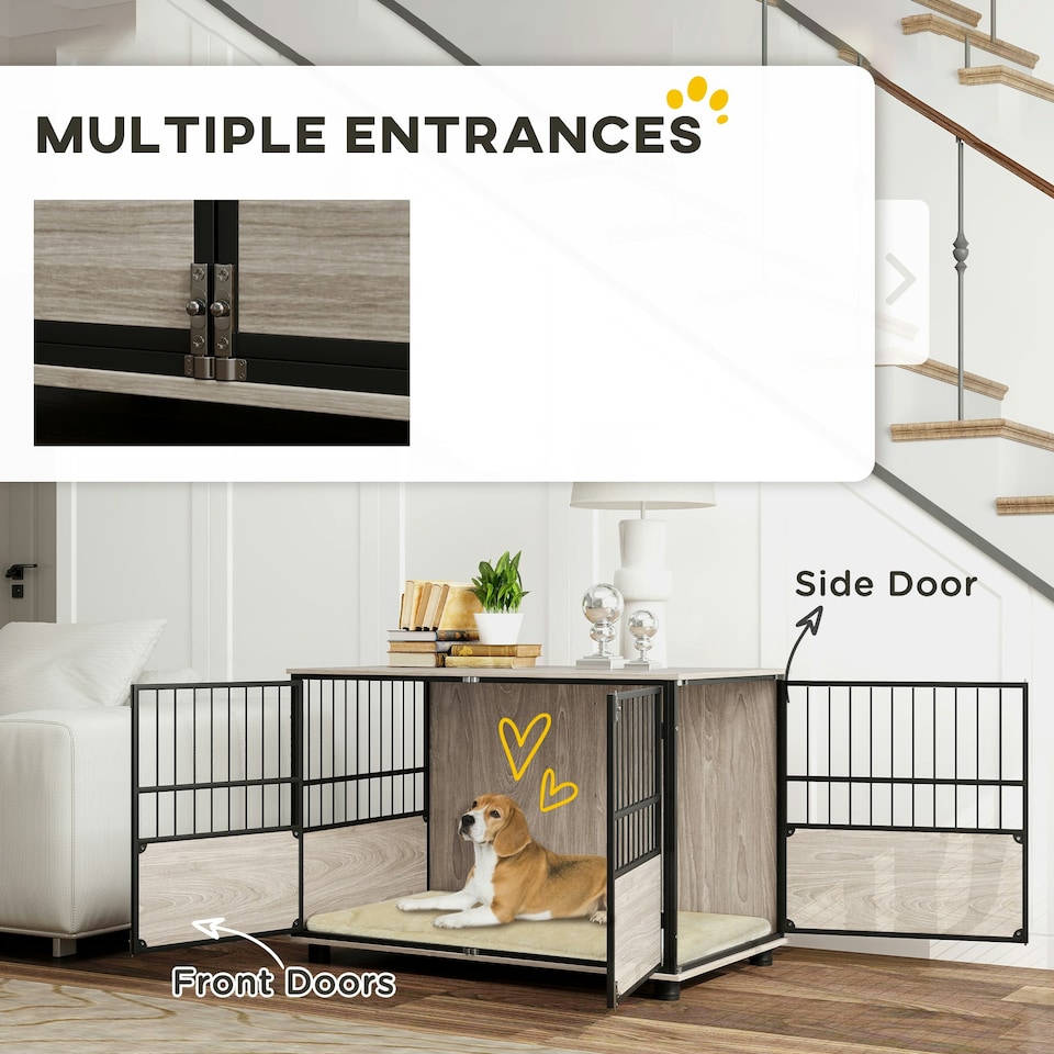 image 1 of PawHut 100cm Dog Crate Furniture Dog Cage End Table Indoor w/ Doors, Cushion
