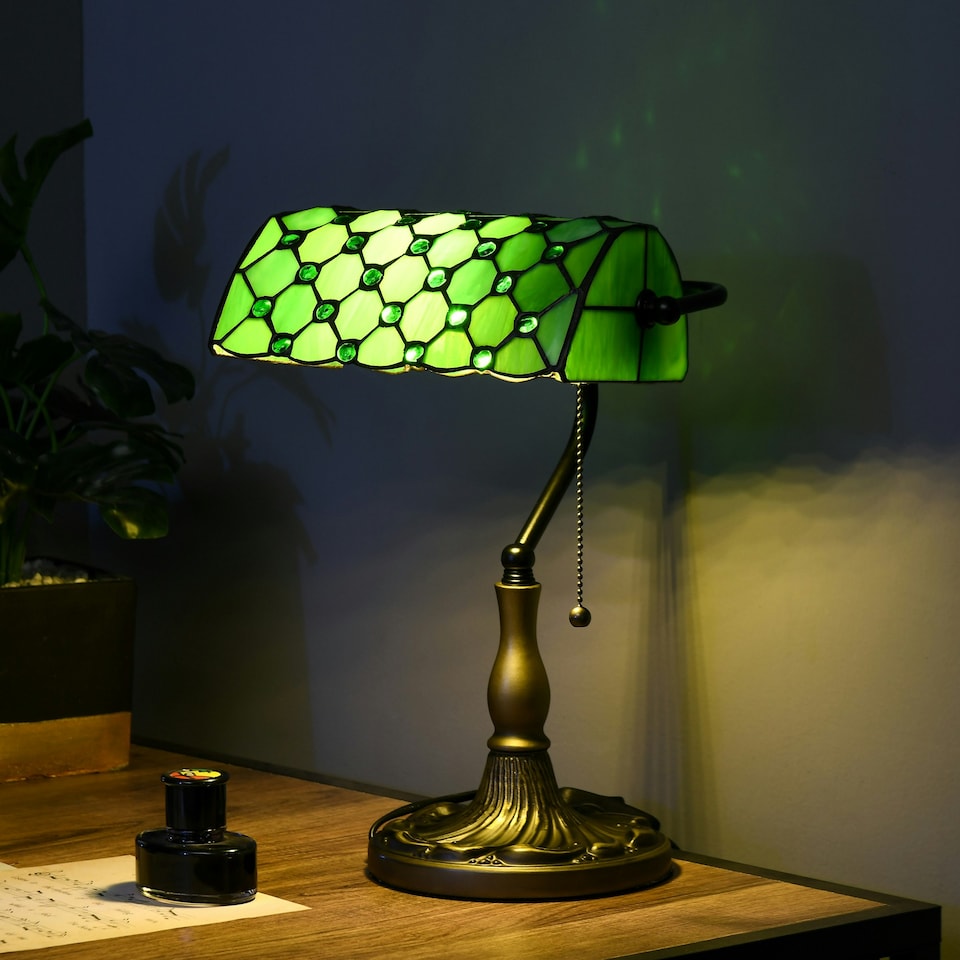image 1 of HOMCOM Stained Glass Table Lamp, Vintage Lamp with Green Handmade Shade