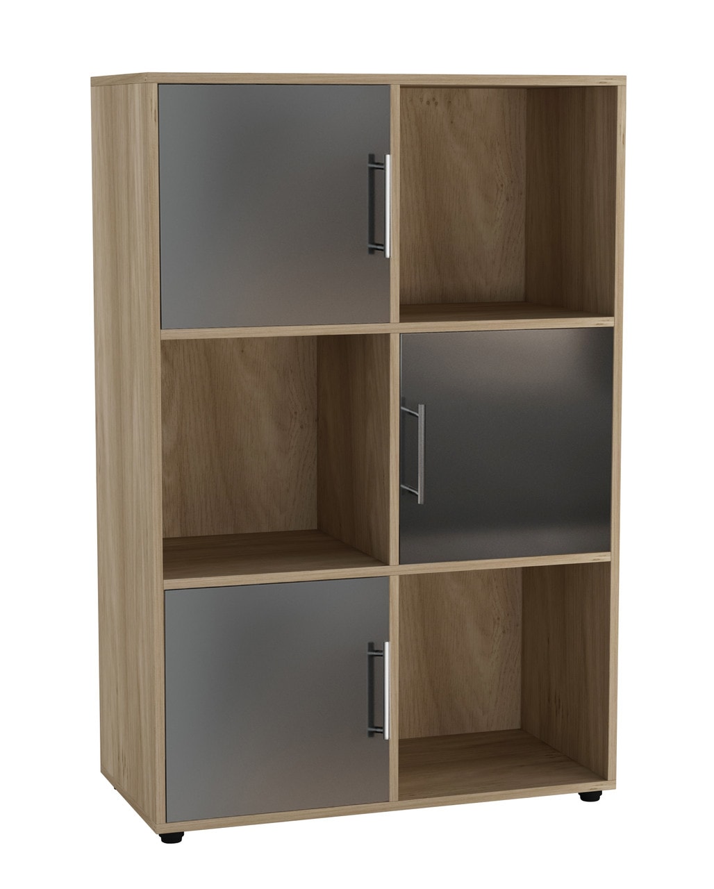 6-Cube Shelving Unit With Doors and Metal Handles Brown Oak & Black 1