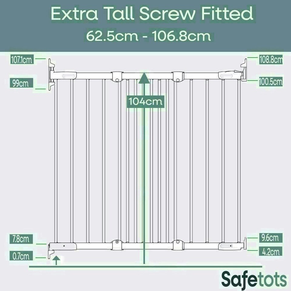 image 1 of Safetots Extra Tall Screw Fitted Baby Stair Gate, 62.5cm - 106.8cm, White, 103.5cm in Height, Screw Fit Safety Barrier