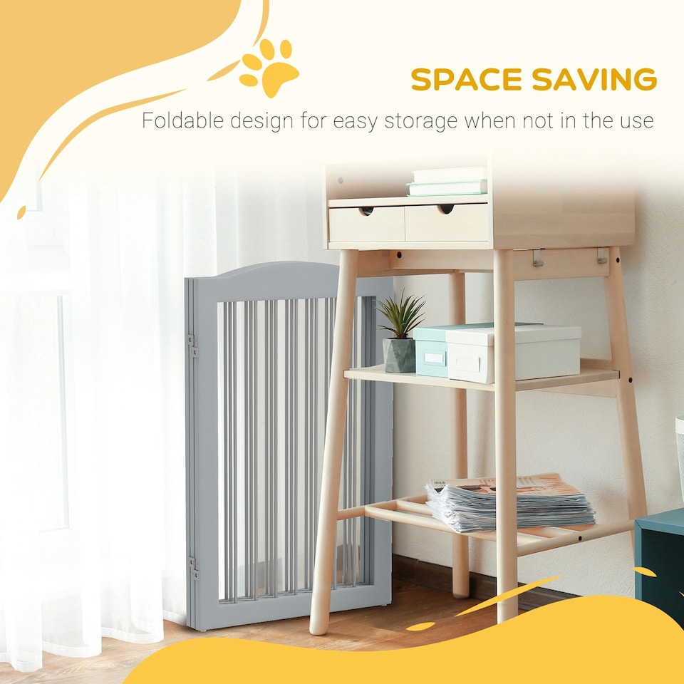image 1 of PawHut Foldable Dog Gate, Freestanding Pet Gate with Two Support Feet - Grey
