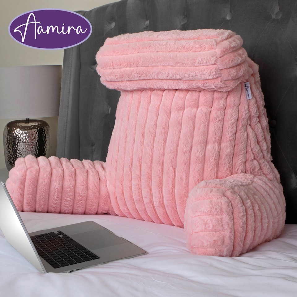 image 1 of Aamira Reading Pillow Pink Faux Fur Ribbed Memory Foam Support Cushion | Pink | Pink | Standard | 1