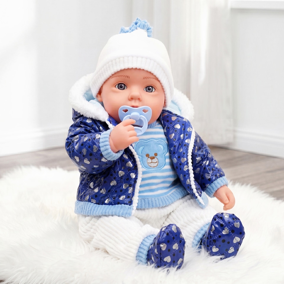 image 1 of BiBi Doll 20" Navy Baby Doll Boy with Blue Coat Outfit, Sounds & Dummy Toy