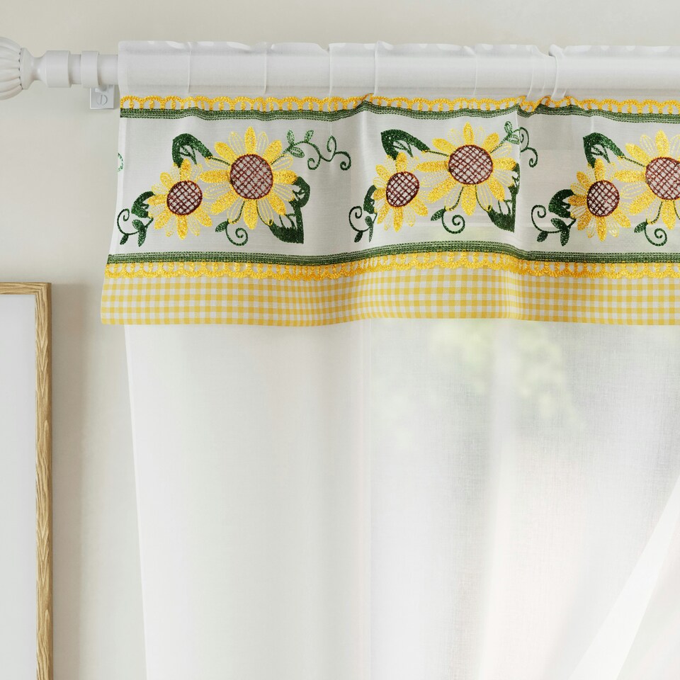 image 1 of Keswick Yellow Floral Embroidery Window Set 249 x 107 cm Rod Pocket Window Set with Attached Valance and 2 Matching Tie Backs