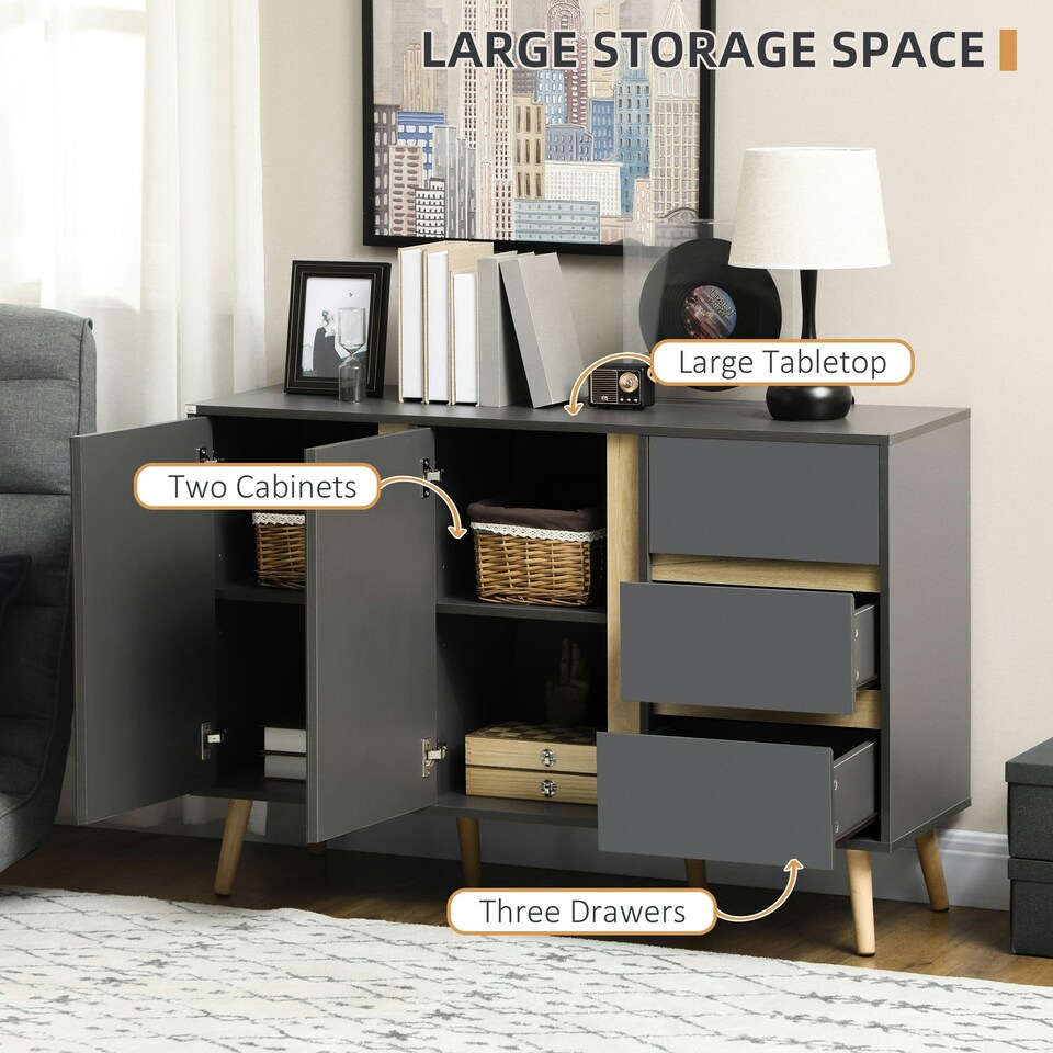 image 1 of HOMCOM Sideboard Kitchen Cupboard w/ Adjustable Shelves, Double Doors Dark Grey Grey | Wood-effect accents
