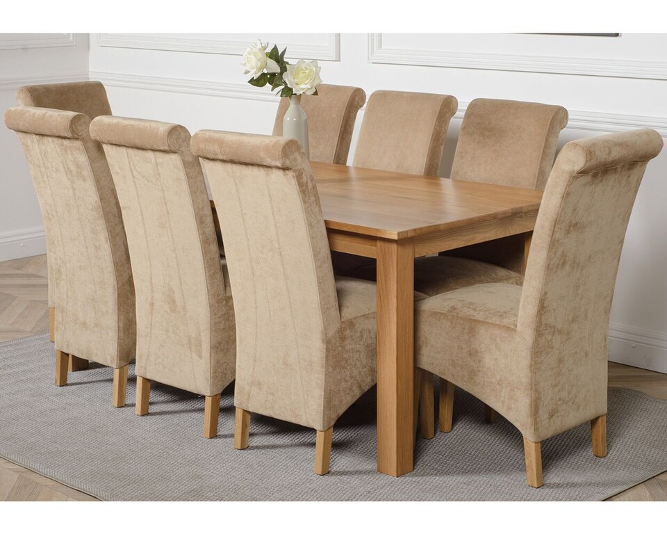 image 1 of Oslo 180 x 90 cm Large Oak Dining Table and 8 Montana Fabric Chairs | Brown | Beige