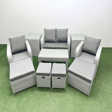 Fimous PE Wicker Rattan Furniture Sofa Sets with Oblong Coffee Table Love Sofa Reclining Chair 2 Side Table 4 Stools Light Grey Mixed