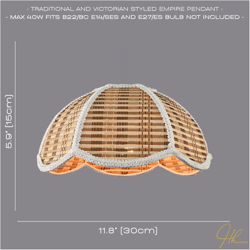 image 1 of Vintage Victorian Rattan Pendant Shade with White Embroidered Trim | Brown | Brown | 1