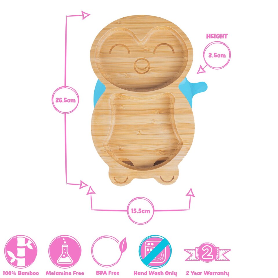 image 1 of Tiny Dining Bamboo Suction Plate - Penguin/Blue - Divided Non-Slip Bamboo Self-Feeding Baby Weaning Plate | Blue | Blue