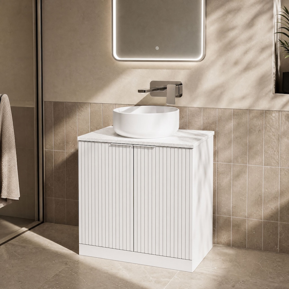 image 1 of Balterley Callingwood Contemporary Floor Standing 2 Door Vanity Unit with White Nebula Laminate Worktop , 800mm, Matt White