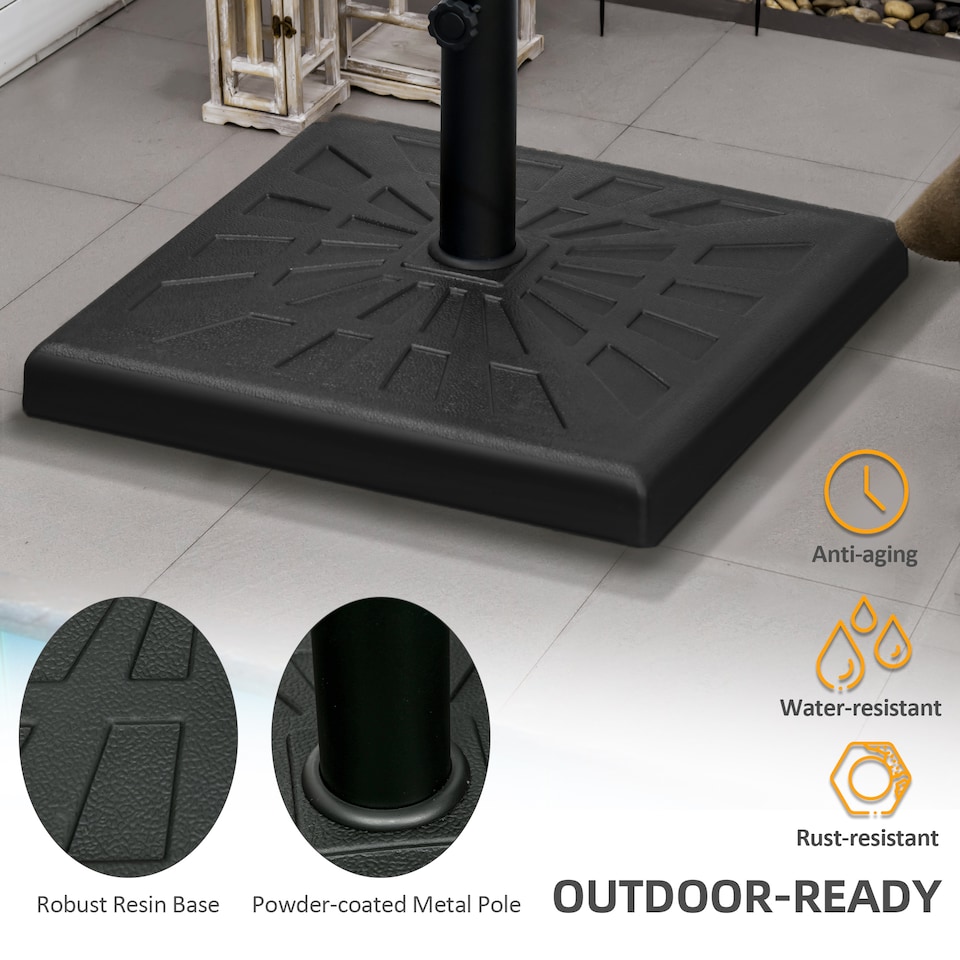 image 1 of Outsunny 19kg Resin Garden Parasol Base Holder, Square Outdoor Market Umbrella Stand Weight for Poles of 32mm, 38mm, and 48mm, Black