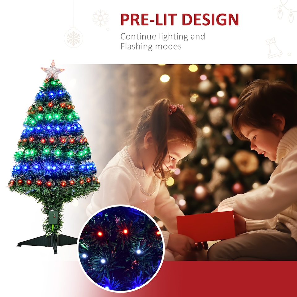 image 1 of HOMCOM 3 Feet Prelit Artificial Christmas Tree with MultiColoured Fiber Optic LED Light, Holiday Home Xmas Decoration, Green