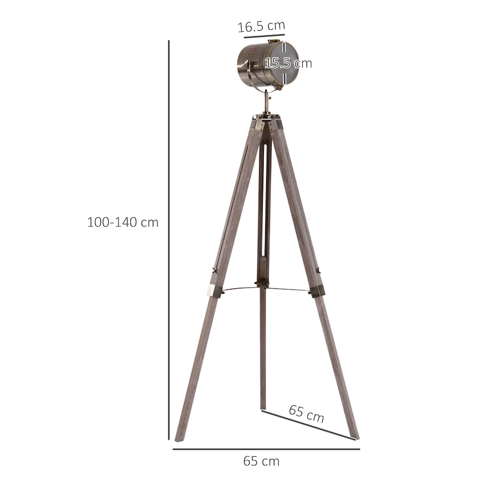 image 1 of HOMCOM Industrial Tripod Floor Lamp, Nautical Searchlight with Adjustable Height, Wood Legs, E14 Lamp Base for Living Room, Bedroom, Grey and Bronze