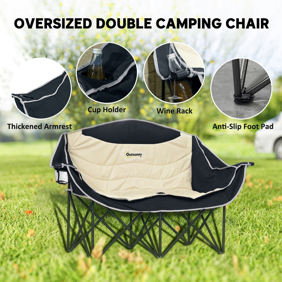image 1 of Outsunny Double Camping Chair for Adults with Armrests, Cup Holders 