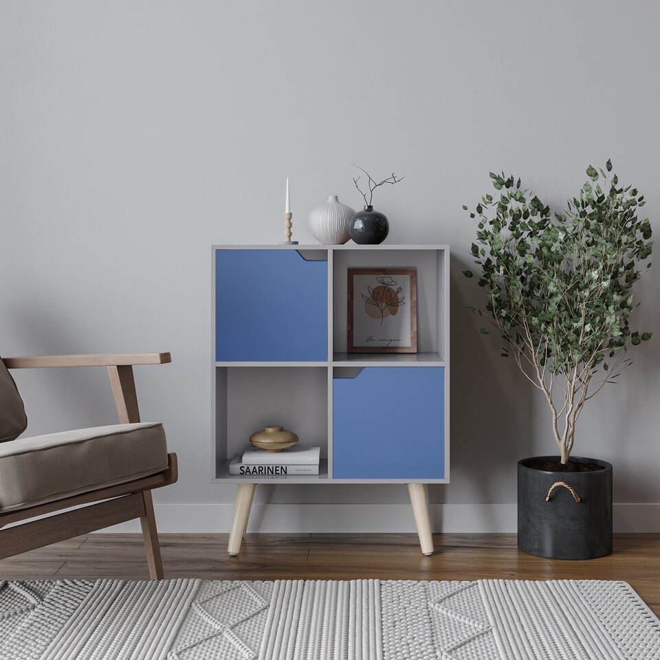 image 1 of Grey 4-Cube Storage Unit with 2 Wooden Doors and Legs | Blue | Blue & Pine | 1