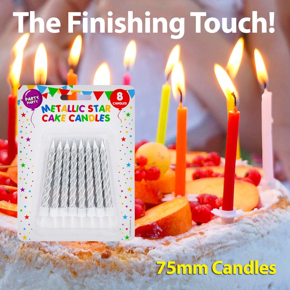 image 1 of PMS 8-Pack Metallic Silver Birthday Cake Candles 75mm