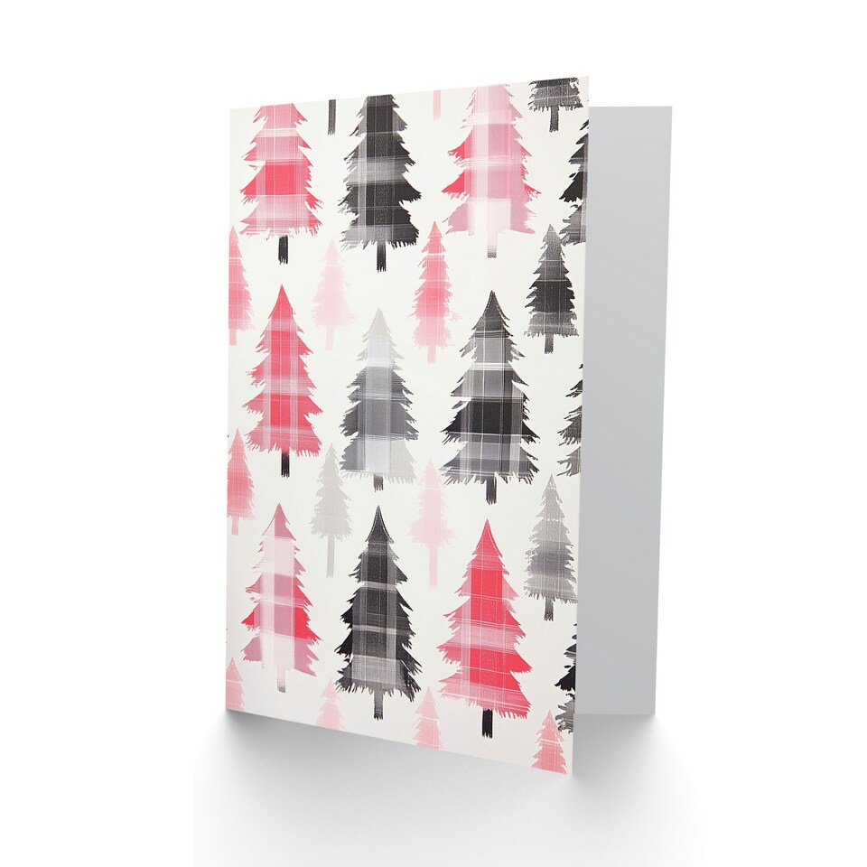 image 1 of Pink Grey Scottish Tartan Pattern Trees Modern Blank For Him Or Her Art Christmas Card