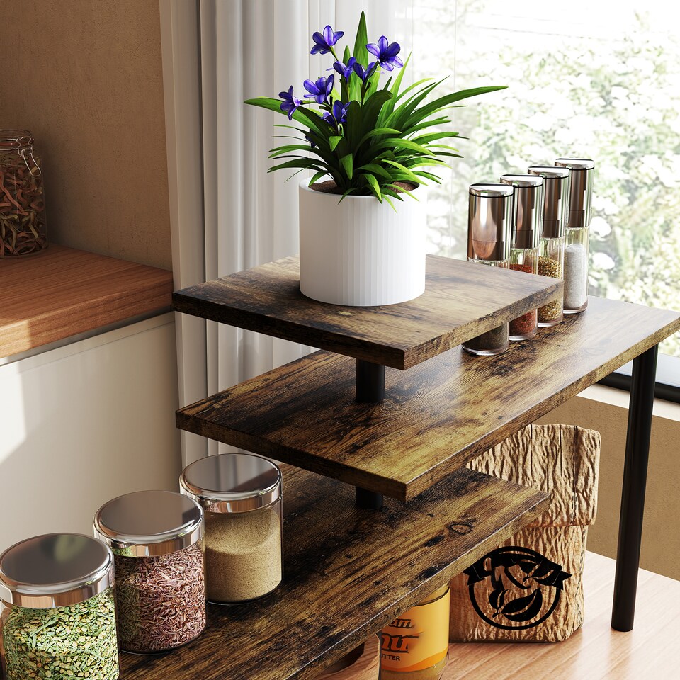 image 1 of HOMCOM 3-Tier Kitchen Countertop Organizer for Spice Rack,Rustic Brown | Brown | Rustic Brown | 40W x 18D x 36.5H cm