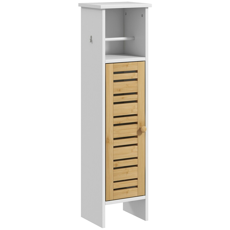 image 1 of HOMCOM Bathroom Cabinet, Slim Bathroom Unit with Adjustable Shelf, White White | Natural bamboo