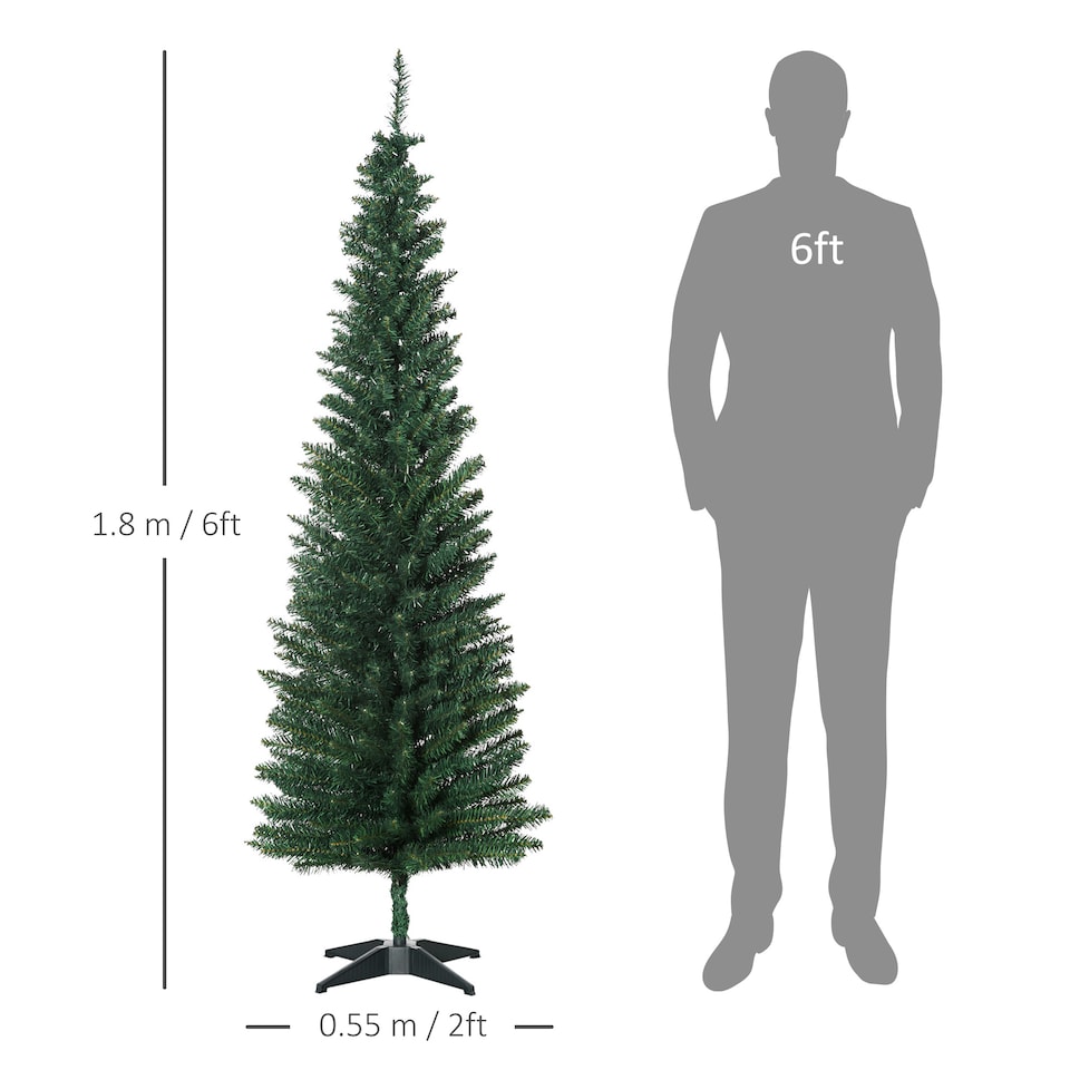 image 1 of HOMCOM 6ft Unlit Artificial Christmas Tree, Pencil Slim mas Tree with Solid Stand and Realistic Branches, Green