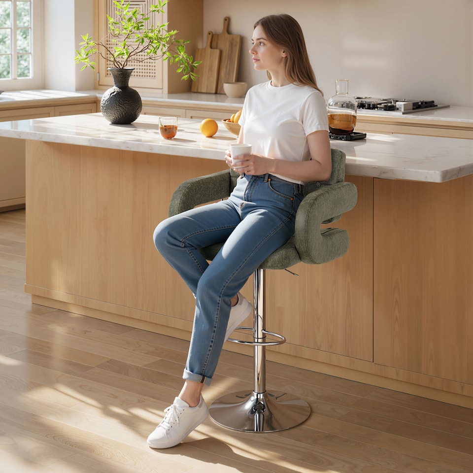 image 1 of HOMCOM Swivel Bar Stool with Extra Large Seat, PU Leather Upholstered Adjustable Barstool with Back, Arm and Footrest, Breakfast Bar Chair for Bistro, Kitchen, Green | Green | Green