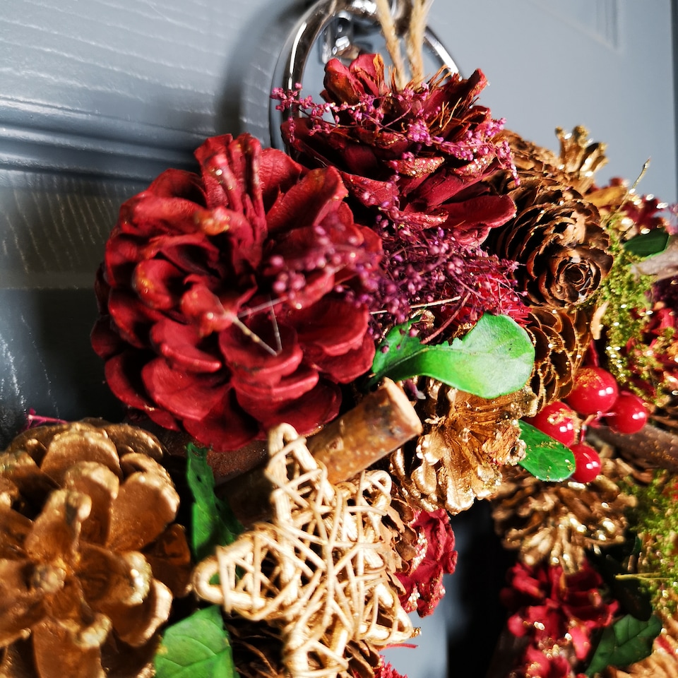 image 1 of 36cm Christmas Wreath in Gold & Red with Pine Cones and Berries