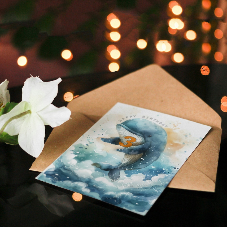 image 1 of 3rd Cute Whale Wave Jump Illustration Kids Age 3 Year Old Child Birthday Card