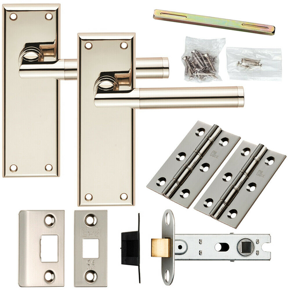 Loops Door Handle & Latch Pack Polished & Satin Nickel Round Section Lever Backplate in Metallics