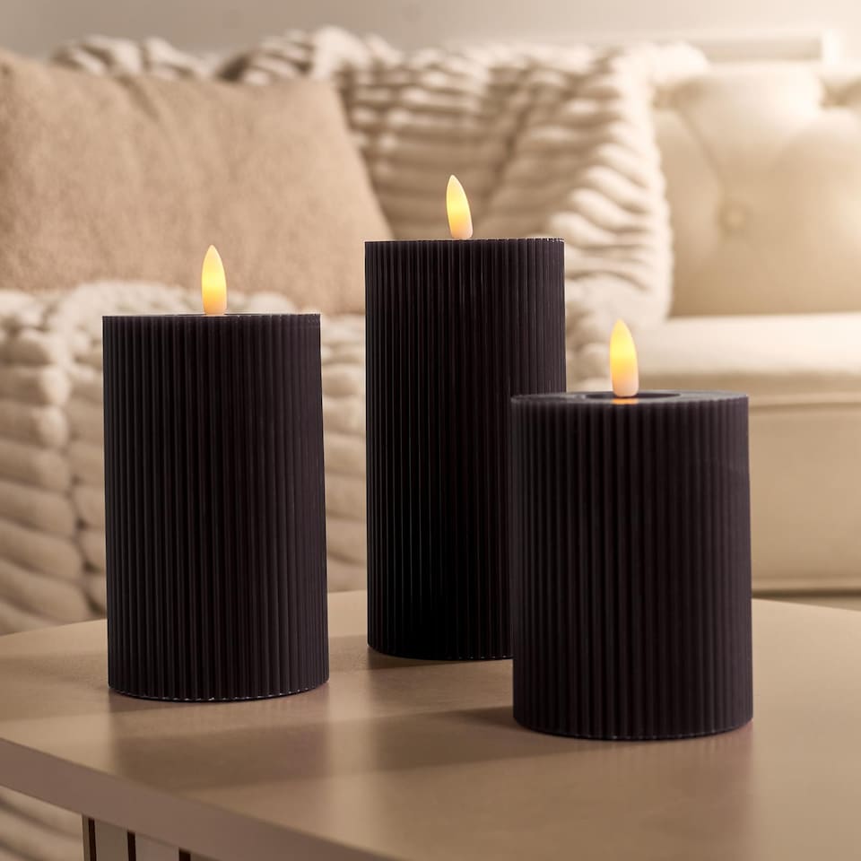 image 1 of OHS Set of 3 Ribbed Flameless LED Candles Decorative Lights Party Home | Black