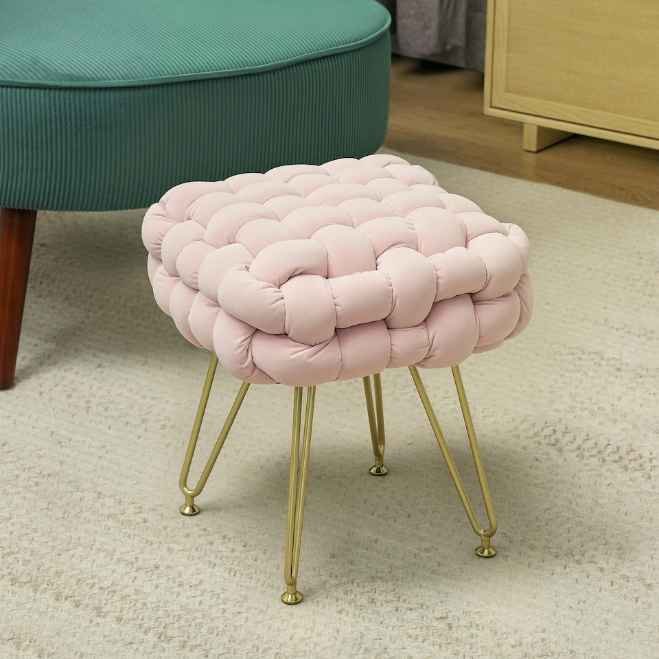 image 1 of HOMCOM Woven Velvet Foot Stool with Steel Legs for Living Room, Pink