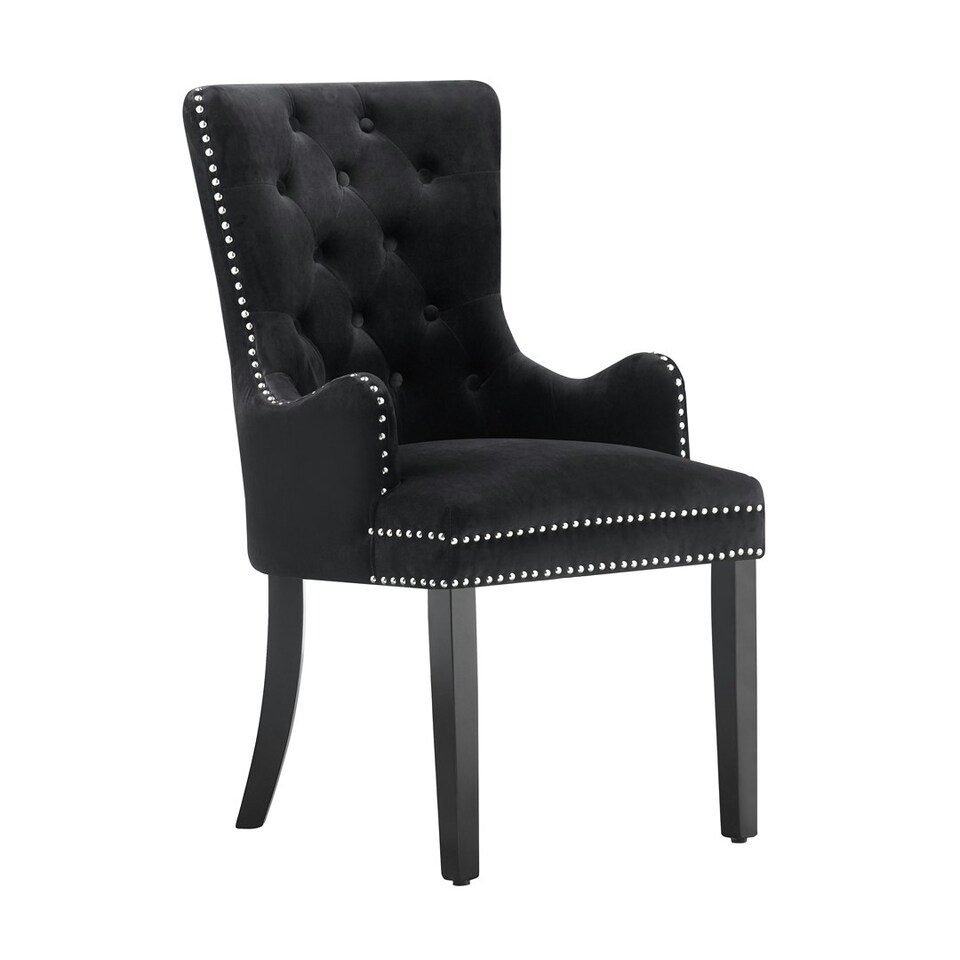 image 1 of Single Velvet Dining Chair with Armrest, Ergonomic Scoop Knockerback & Button Tufted Wood Legs Black