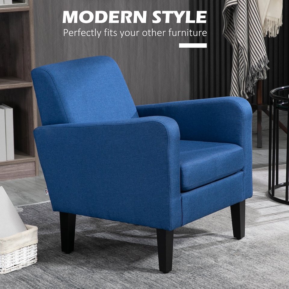 image 1 of HOMCOM Armchair, Modern Upholstered Linen Living Room Chair, Accent Chair with Spring Pack, Wood Legs for Bedroom, Home Office, Blue