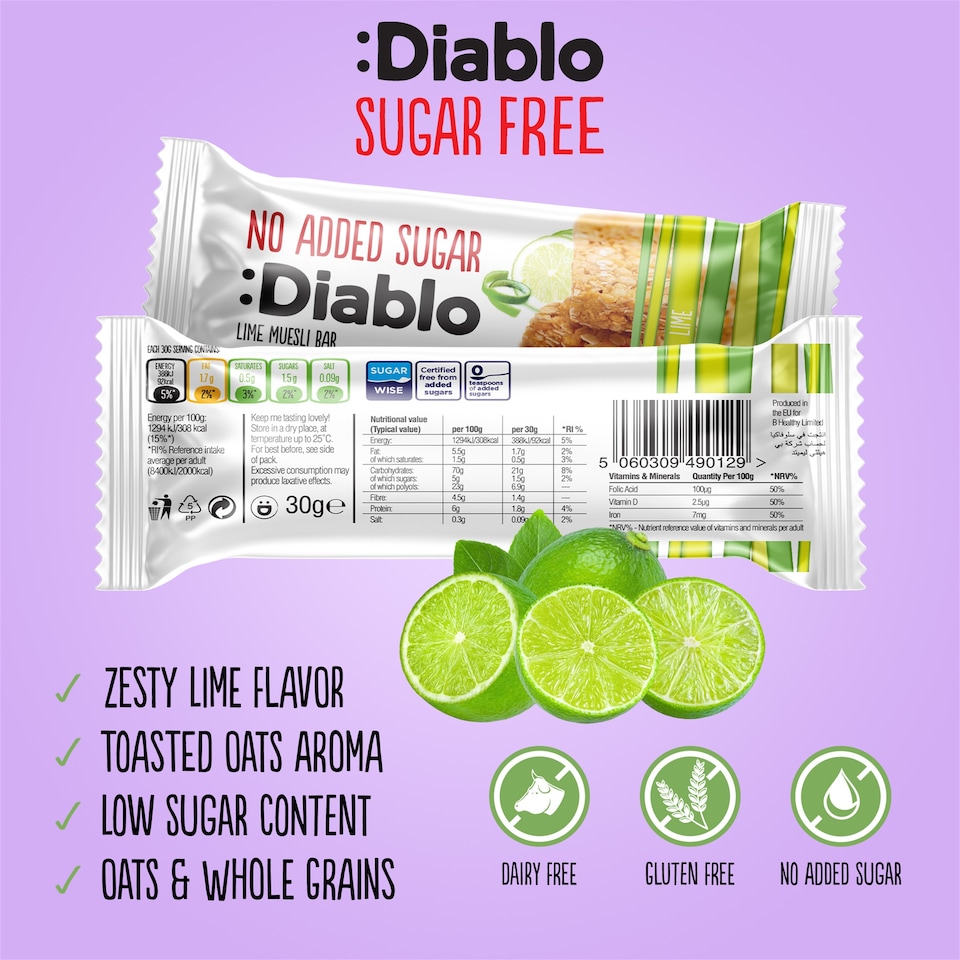 image 1 of Diablo No Added Sugar Lime Muesli Bar 30g 6 Pack