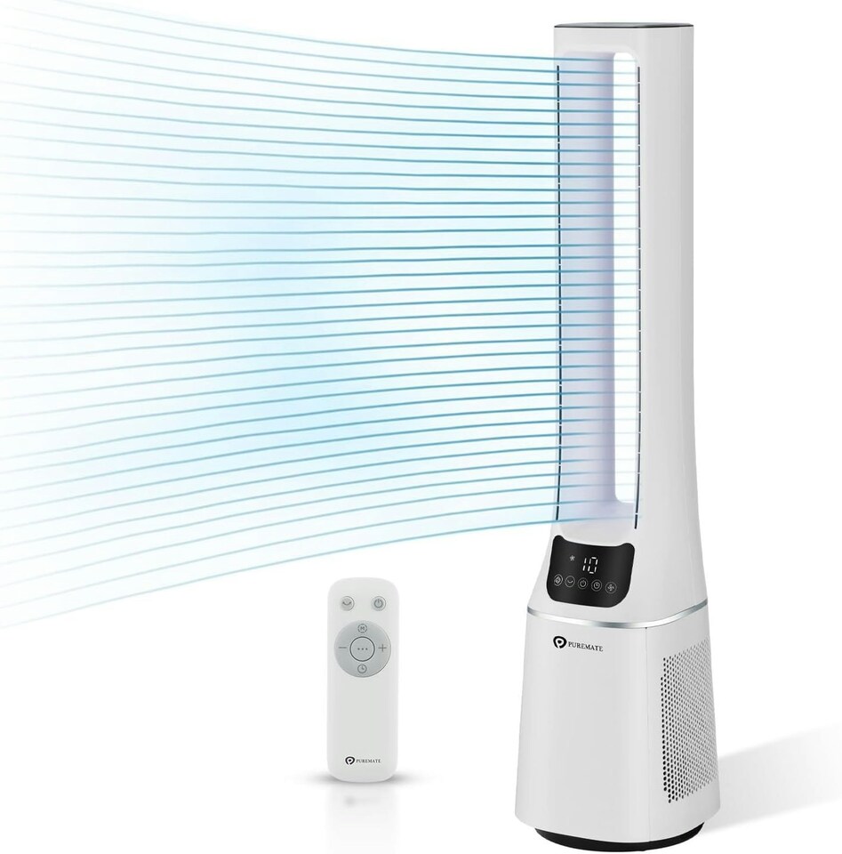 image 1 of PureMate 42-Inch Bladeless Tower Fan with Air Purifier - White