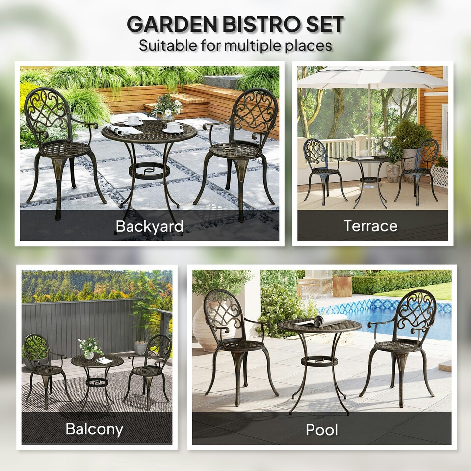 image 1 of Outsunny 3PCs Bistro Set,  Aluminium Garden Table and Chairs Bronze Tone