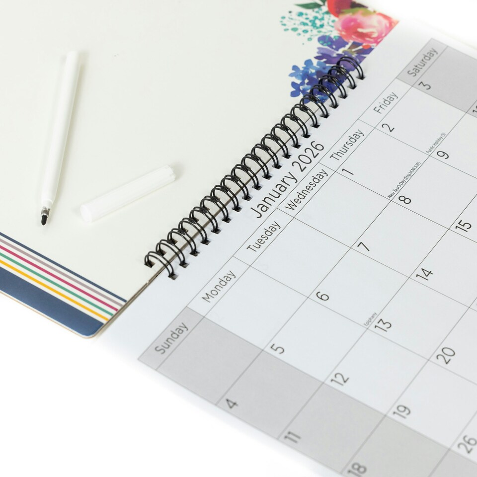 image 1 of 2026 Monthly Memo Board Calendar & Pen Flowers 2 Design
