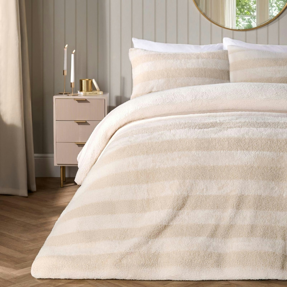 image 1 of OHS Tufted Boucle Stripe Fleece Duvet Cover Set - Natural Cream | Single