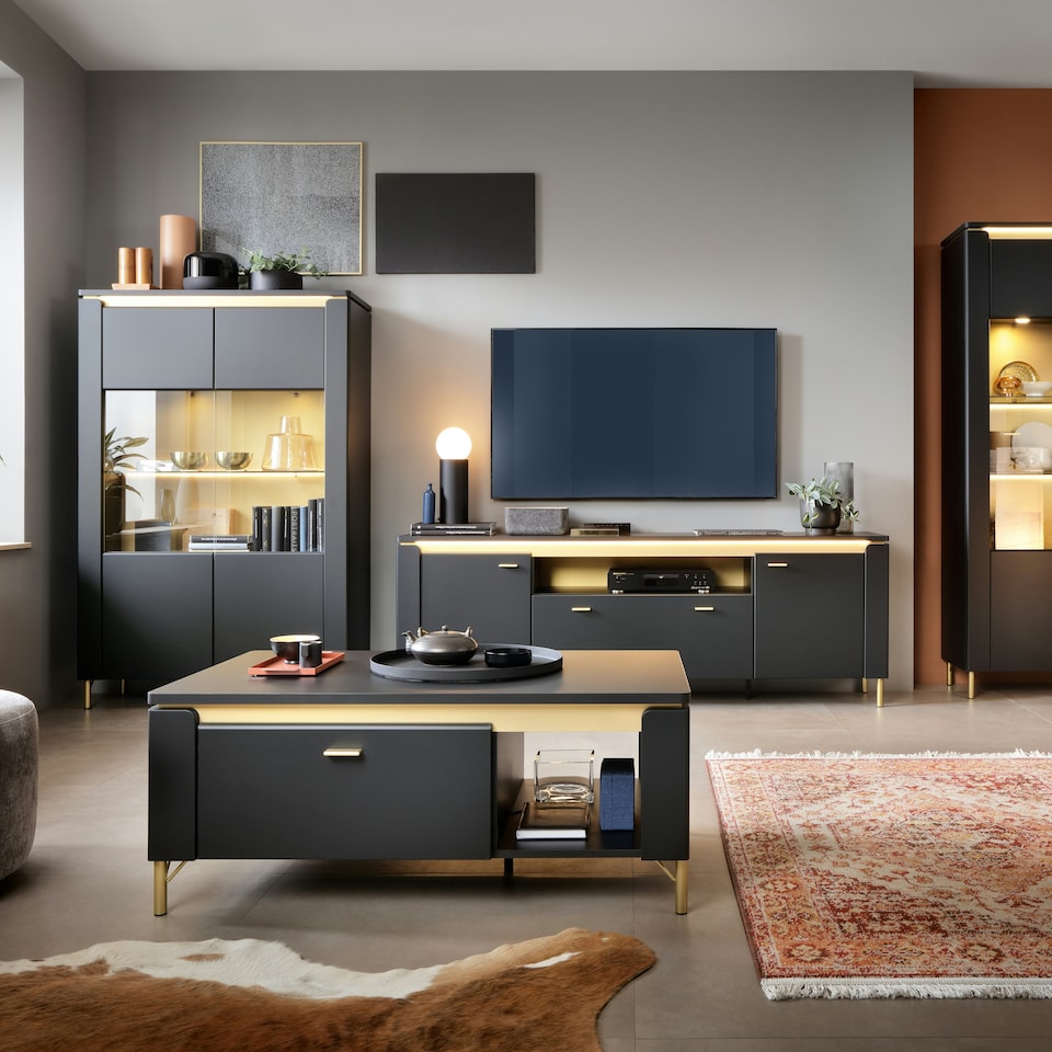 image 1 of Genoa TV Cabinet 2 Door 1 Drawer 200cm Wide in Black Matt/Gold