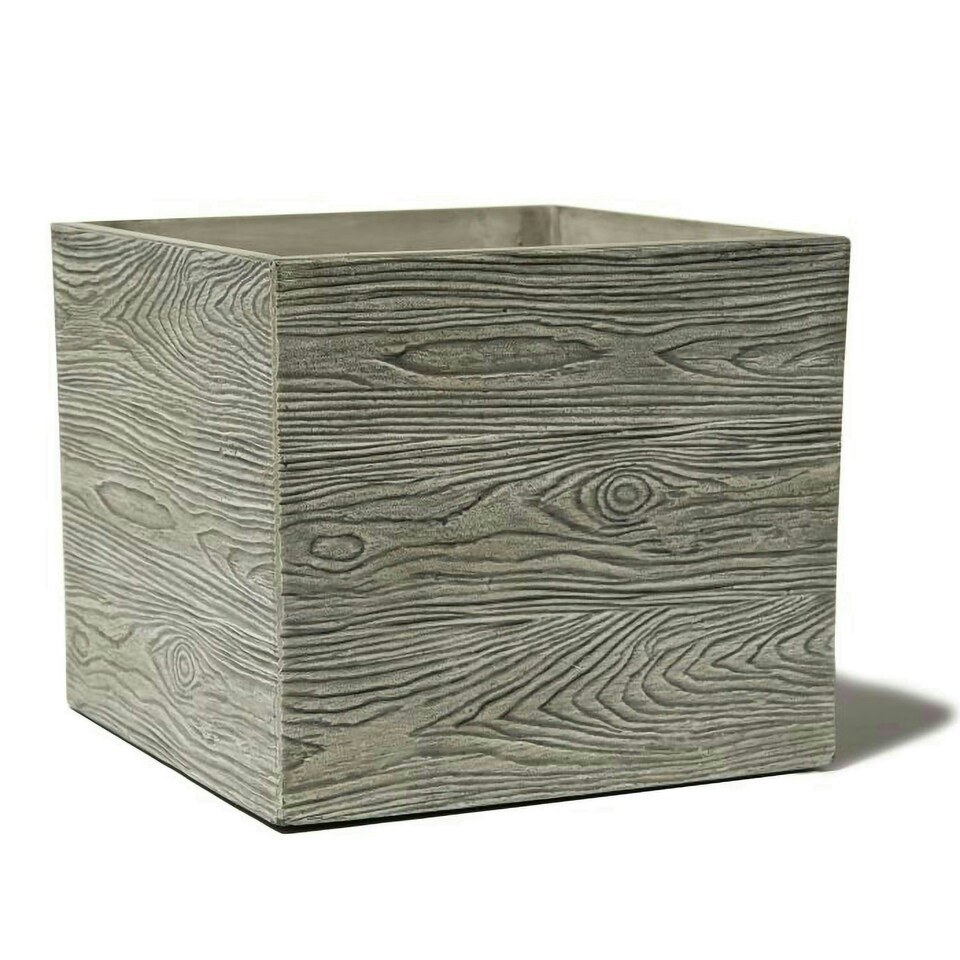 image 1 of Primrose Cube Square Flower Pot Grey Outdoor Wood-Effect Resin Planter 36cm