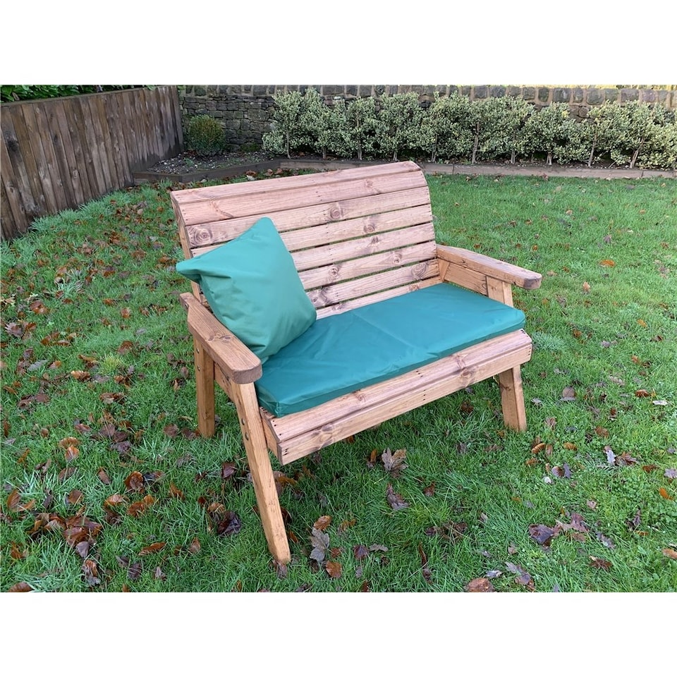 image 1 of Traditional Wooden 2 Seater Bench With 1 x Bench Cushion Green, 1 x Scatter Cushion Green & Standard Fitted Cover