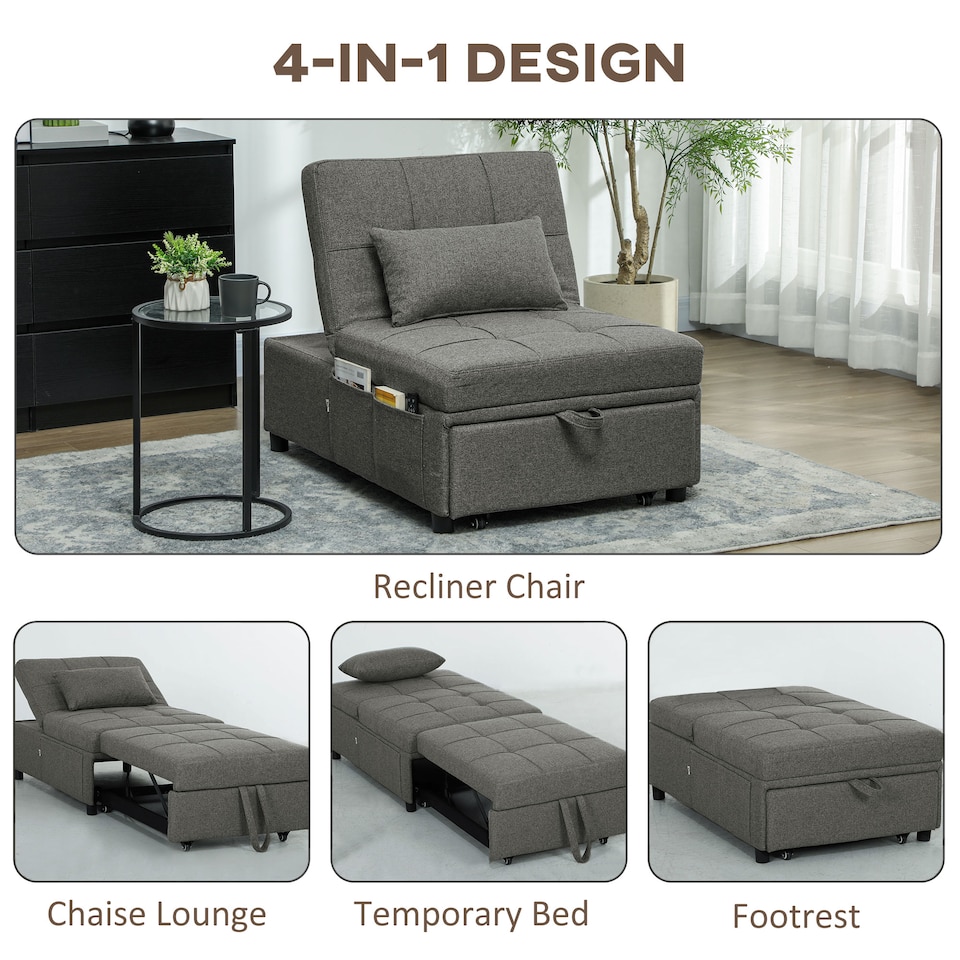 image 1 of HOMCOM 4-in-1 Sofa Bed, Convertible Sleeper Chair Bed with Adjustable Backrest, Fabric Pull Out Chaise Lounge with Pockets for Living Room, Bedroom, Home Office, Small Space, Charcoal Grey | Grey | Charcoal grey