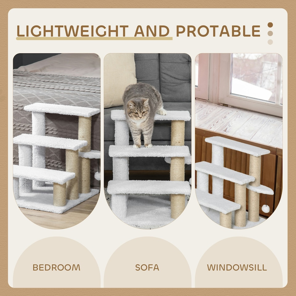 image 1 of PawHut Pet Stair with 3-step Climb Ladder, Scratching Posts, White