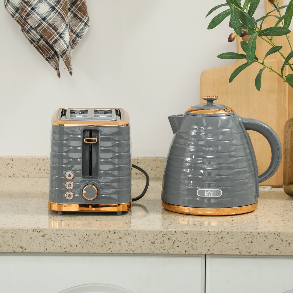 image 1 of HOMCOM Kettle and Toaster Sets, 3000W 1.7L Rapid Boil Kettle & 2 Slice Toaster with 7 Browning Controls, Defrost, Reheat and Crumb Tray, UK Otter thermostat, Grey
