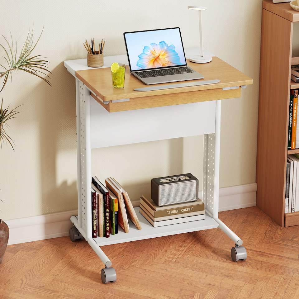 image 1 of COSTWAY Rolling Portable Desk C-Shaped Computer Cart White