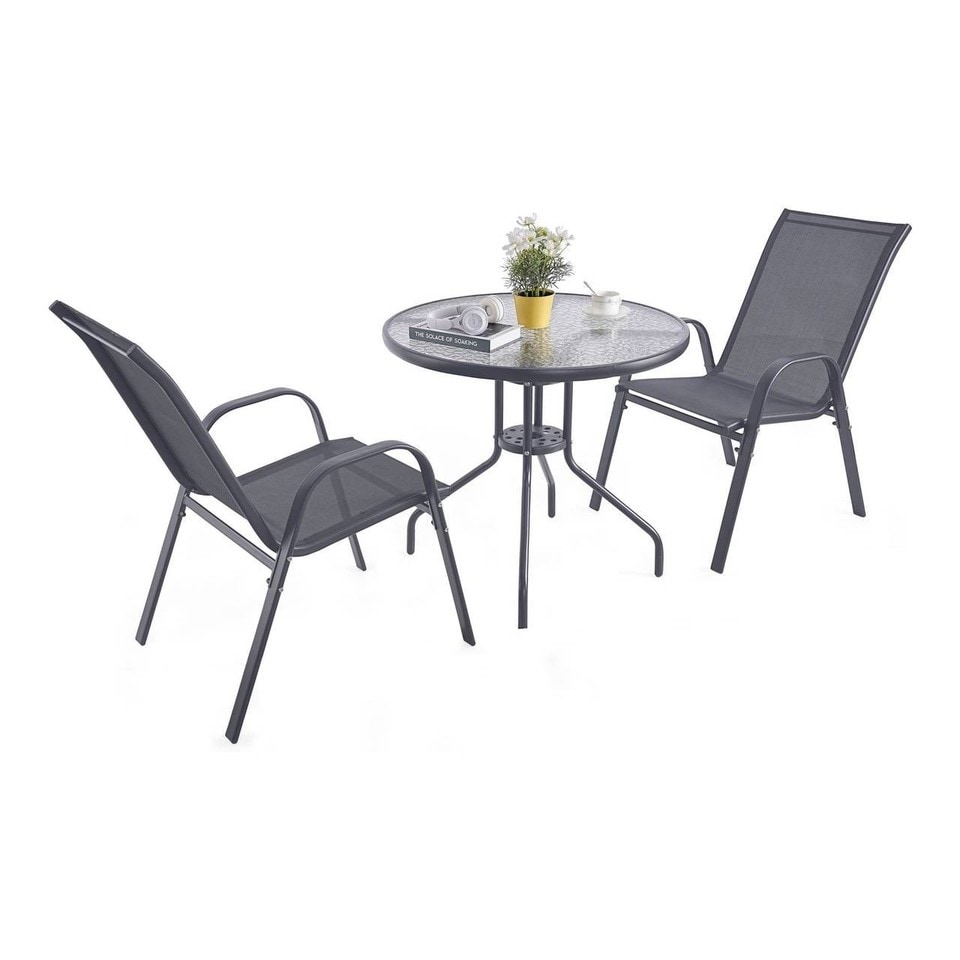image 1 of 3 Pcs Garden Round Glass Top Table & 2 Chairs Bistro Set