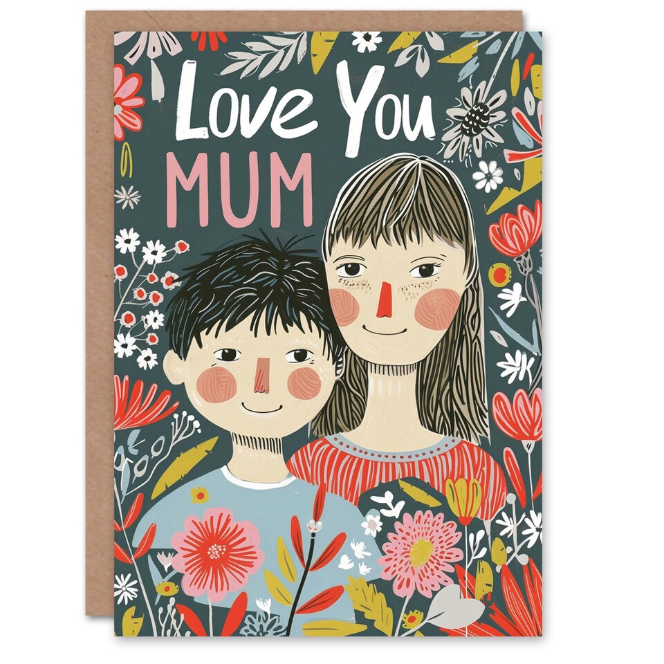 image 1 of Mothers Day Card Love You Mum Child Floral Folk Art Portrait