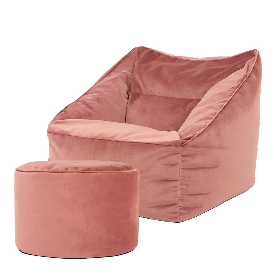 image 1 of icon Natalia Velvet Adults Bean Bag Armchair and Pouffe, Ready Filled Large Beanbag and Footstool Dusk Pink Pink
