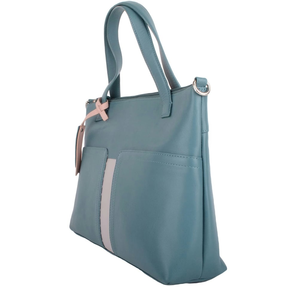 image 1 of Womens Premium Soft Genuine Leather Twin Tote Style Shoulder Handbag with Detachable Shoulder Strap - Aqua / Ivory Black | Black/Cloud